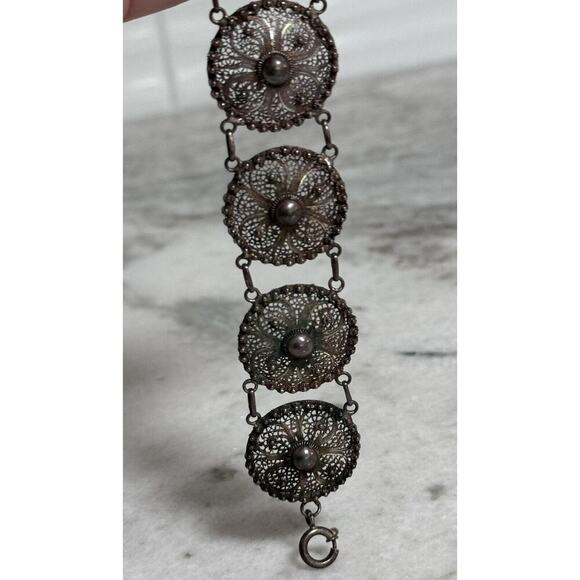 Antique Victorian Sterling Silver Filigree Flower Link Bracelet - Picture 7 of 9
